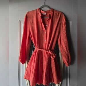 BiBi Women's Coral Oversized Button-Up Top ~ Size Small Boho 100% Cotton